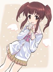 Rule 34 | 1girl, amezawa koma, angel wings, blush, brown eyes, brown hair, cardigan, collared shirt, commentary request, cosplay, cowboy shot, fake wings, finger to mouth, hand on own chest, highres, hojo karen, hojo karen (cosplay), idolmaster, idolmaster cinderella girls, jewelry, long sleeves, loose necktie, necklace, necktie, ogata chieri, parted lips, pleated skirt, shirt, sidelocks, sketch, skirt, sleeves past wrists, smile, solo, star (symbol), star necklace, twintails, wings