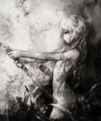 Rule 34 | androgynous, arched back, bandages, closed mouth, commentary, contrapposto, cowboy shot, english commentary, from side, gender request, grey eyes, greyscale, gyup, hands up, highres, holding, holding sword, holding weapon, long hair, looking away, monochrome, original, outstretched arms, solo, standing, sword, weapon, white hair
