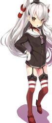 Rule 34 | 10s, 1girl, amatsukaze (kancolle), black gloves, black shirt, bottomless, brown eyes, collar, collarbone, dress shirt, garter straps, gloves, hair ornament, hand on own hip, highres, kantai collection, long hair, looking at viewer, open mouth, red thighhighs, see-through, shimejinameko, shirt, silver hair, simple background, solo, thighhighs, white background