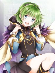 Rule 34 | 1girl, :d, belt, belt pouch, black dress, blouse, blue eyes, blue shirt, cape, dress, feather trim, fire emblem, fire emblem: the blazing blade, fire emblem heroes, green hair, hairband, highres, hood, hood down, hooded cape, long sleeves, looking at viewer, nino (fire emblem), nintendo, official alternate costume, open mouth, pouch, shirokuroma 29, shirt, short dress, simple background, smile, solo