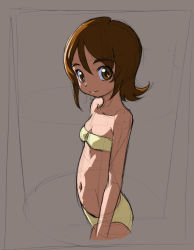 Rule 34 | 10s, 1girl, bandeau, bikini, breasts, brown eyes, brown hair, cleavage, grey background, happinesscharge precure!, looking at viewer, navel, oomori yuuko, precure, rohitsuka, short hair, simple background, sketch, small breasts, smile, solo, swimsuit