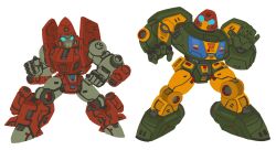 Rule 34 | absurdres, arm cannon, autobot, blue eyes, clenched hands, commentary, cosmos (transformers), english commentary, fighting stance, full body, highres, leaning to the side, mecha, missocpus, no humans, open hand, powerglide (transformers), robot, science fiction, transformers, waving, weapon, white background