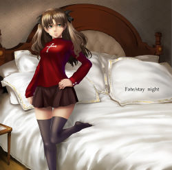 Rule 34 | 1girl, bed, black skirt, black thighhighs, breasts, brown hair, face, fate/stay night, fate (series), green eyes, hair ribbon, hand on own hip, highres, lips, long hair, long legs, medium breasts, miniskirt, no shoes, pillow, pleated skirt, realmbw, ribbon, skirt, solo, standing, standing on one leg, thigh gap, thighhighs, tohsaka rin, twintails, two side up, zettai ryouiki