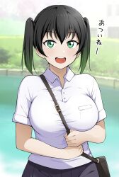 Rule 34 | 1girl, alternate breast size, bag, barkhorn0331, between breasts, black bag, black hair, black skirt, breast pocket, breast press, breasts, commentary request, day, gradient hair, grass, green eyes, green hair, hair between eyes, highres, holding strap, lake, large breasts, looking at viewer, love live!, love live! nijigasaki high school idol club, medium hair, multicolored hair, open mouth, outdoors, pocket, shirt, short sleeves, shoulder bag, sidelocks, skirt, smile, solo, strap between breasts, takasaki yu, teeth, twintails, upper body, upper teeth only, water, white shirt, wing collar