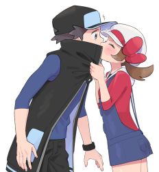 Rule 34 | 1boy, 1girl, ^^^, ^ ^, baseball cap, black coat, black headwear, black pants, blue shirt, blush, bow, brown eyes, brown hair, cabbie hat, closed eyes, coat, creatures (company), flat chest, from side, game freak, hands up, hat, hat bow, hetero, high collar, highres, kiss, long sleeves, looking at another, lyra (pokemon), medium hair, nintendo, official alternate costume, open clothes, open coat, overalls, pants, pocket, pokemon, pokemon hgss, pokemon masters ex, profile, pumpkinpan, red (pokemon), red (sygna suit) (pokemon), red bow, red shirt, shirt, short hair, sidelocks, simple background, sleeveless, sleeveless coat, standing, surprised, twintails, watch, white background, white headwear, wide-eyed, wristwatch