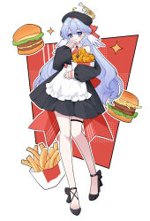Rule 34 | 1girl, absurdres, apron, beret, black dress, black footwear, blue hair, bow, burger, chinese commentary, cosplay, detached sleeves, dress, fast food, ff2074, food, french fries, fried chicken, full body, green eyes, halo, hat, head wings, high heels, highres, holding, holding food, honkai: star rail, honkai (series), long hair, long sleeves, looking at viewer, noelle (genshin impact), noelle (genshin impact) (cosplay), noelle (kfc) (genshin impact), puffy sleeves, robin (honkai: star rail), smile, solo, sparkle, thigh strap, very long hair, white apron, white background, wings