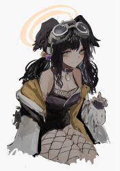 Rule 34 | 1girl, absurdres, animal ears, black hair, blue archive, blue eyes, blue nails, breasts, cleavage, closed mouth, collar, dog ears, dog tags, fishnet pantyhose, fishnets, goggles, goggles on head, hair bobbles, hair ornament, halo, hibiki (blue archive), highres, jacket, long hair, looking at viewer, medium breasts, nail polish, off shoulder, open clothes, open jacket, pantyhose, pikuson, simple background, smile, solo, twintails, white background