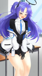 Rule 34 | &gt; &lt;, 1girl, absurdres, black gloves, black halo, black skirt, blue archive, blue hair, blue necktie, blush, commentary request, cosplay, covering crotch, covering privates, cowboy shot, day, dress shirt, embarrassed, floating hair, gloves, halo, highres, id card, indoors, jacket, kohibari kurumi, long hair, long sleeves, miniskirt, necktie, nose blush, off shoulder, open clothes, open jacket, open mouth, parted bangs, pleated skirt, reiji tsukimi, shirt, skirt, solo, standing, tearing up, tears, tenshi souzou re-boot!, thighs, two side up, v-shaped eyebrows, wavy mouth, white jacket, white shirt, yuuka (blue archive), yuuka (blue archive) (cosplay)