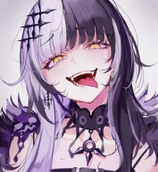 Rule 34 | 1girl, alternate hair color, black choker, black hair, blunt bangs, choker, collarbone, crazy, crazy eyes, crazy smile, dyed bangs, emo fashion, eyelashes, eyeliner, fangs, gesugao, goth fashion, hair between eyes, hair ornament, half-closed eyes, highres, holoadvent, hololive, hololive english, jewelry, lace, lace choker, long hair, looking at viewer, loose hair strand, makeup, mile (off8mile), multicolored hair, neck, necklace, open mouth, phasmophobia, shiori novella, shiori novella (1st costume), sidelocks, simple background, smile, solo, split-color hair, squinting, streaked hair, two-tone hair, virtual youtuber, white background, white hair, wolf cut, yandere, yellow eyes, yorick (shiori novella)