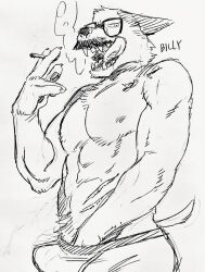 Rule 34 | 1boy, abs, bara, billy russell (dickfish), bulge, cigarette, dickfish (fishismdick), dog boy, erection, erection under clothes, facial hair, from below, furrification, furry, furry male, glasses, hand under clothes, highres, holding, holding cigarette, large pectorals, licking lips, looking to the side, male focus, mature male, muscular, muscular male, mustache, navel, navel hair, nipples, original, pectorals, scan, short hair, short tail, sideburns, sketch, small tail, smoke, smoking, solo, stomach, tail, tongue, tongue out, topless male, traditional media, underwear, underwear only