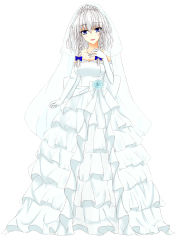 Rule 34 | 1girl, absurdres, alternate costume, blue eyes, blue flower, blue rose, braid, breasts, bridal veil, cleavage, cross, cross necklace, dress, elbow gloves, flower, gloves, hair ribbon, hand on own chest, head tilt, highres, izayoi sakuya, jewelry, large breasts, looking at viewer, necklace, open mouth, ribbon, rose, short hair, silver hair, simple background, solo, strapless, strapless dress, taidana himajin, tiara, touhou, tress ribbon, twin braids, veil, wedding dress, white background