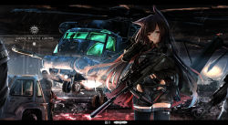 Rule 34 | 1girl, aircraft, animal ears, armor, assault rifle, bad id, bad pixiv id, belt pouch, black shirt, black thighhighs, blurry, blush, brown hair, bullpup, cape, car, commentary request, depth of field, gloves, gun, haguruma c, helicopter, holding, holding gun, holding weapon, long hair, long sleeves, looking at viewer, military, military vehicle, motor vehicle, necktie, night, open mouth, original, outdoors, police, pouch, rain, red eyes, red neckwear, rifle, scope, shirt, short shorts, shorts, solo focus, steyr aug, suppressor, thighhighs, trigger discipline, weapon, wing collar