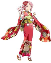 Rule 34 | 1girl, clenched hand, floral print, flower, full body, furisode, hair flower, hair ornament, holding, japanese clothes, kimono, lisbeth (sao), long sleeves, looking at viewer, obi, official art, one eye closed, pink hair, sandals, sash, short hair, simple background, smile, solo, standing, sword art online, tabi, white background, wide sleeves
