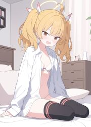 Rule 34 | 1girl, absurdres, ahoge, bed, bed sheet, black thighhighs, blonde hair, blue archive, blush, bra, brown eyes, collarbone, collared shirt, drawer, halo, highres, indoors, jyt, long hair, long sleeves, navel, open clothes, open mouth, open shirt, panties, pillow, shirt, solo, thighhighs, twintails, underwear, white bra, white panties, white shirt, yellow halo, yoshimi (blue archive)