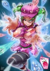 Rule 34 | 1girl, aliciasan000, breasts, breasts out, detached sleeves, earrings, female focus, fortnite, green eyes, green hair, hat, jacket, jewelry, large breasts, looking at viewer, nipple piercing, nipples, piercing, pink jacket, pink skirt, short hair, short twintails, skirt, solo, solo focus, star (symbol), star earrings, tagme, thick eyebrows, torn clothes, twintails, zoey (fortnite)