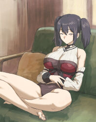 Rule 34 | 1girl, bare legs, barefoot, black hair, breasts, closed mouth, commentary request, constricted pupils, couch, detached sleeves, empire waist, frown, fujii eishun, hands on own stomach, highres, indian style, indoors, large breasts, leotard, long sleeves, looking at viewer, margaret els, medium hair, on couch, red eyes, sanpaku, sitting, sleeve garter, solo, tsuihousareta cheat fuyo majutsushi wa kimama na second life wo oukasuru, twintails, underbust, v-shaped eyebrows