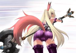 Rule 34 | 1girl, animal ears, armor, ass, axe, blonde hair, cameltoe, dog ears, elin, enoko (zqfebi), from behind, huge ass, long hair, looking back, purple eyes, short shorts, shorts, sleeveless, solo, tail, tera online, thighhighs, twintails, weapon