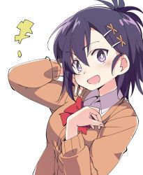 Rule 34 | 1girl, :d, cardigan, gabriel dropout, hair ornament, hairclip, ixy, looking at viewer, open mouth, purple eyes, purple hair, school uniform, short hair, smile, solo, vignette tsukinose april, x hair ornament