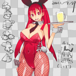 Rule 34 | 1girl, alcohol, animal ears, beer, beer mug, breasts, checkered background, chibi, chibi inset, cup, dated, detached collar, fake animal ears, fishnet pantyhose, fishnets, large breasts, leotard, mori hikiko, mug, necktie, original, pantyhose, playboy bunny, rabbit ears, red eyes, red hair, solo, takayama toshinori, thick thighs, thighs, tray, wrist cuffs
