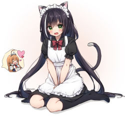 Rule 34 | ahoge, alternate costume, animal ear fluff, animal ears, anz32, apron, bad id, bad pixiv id, black dress, black socks, blush, bow, brown hair, cat ears, cat girl, cat tail, collared dress, dress, enmaided, fang, frilled apron, frills, green eyes, hair between eyes, heart, karyl (princess connect!), kneehighs, long hair, looking at viewer, low twintails, maid, maid apron, maid headdress, no shoes, open mouth, pecorine (princess connect!), princess connect!, puffy short sleeves, puffy sleeves, red bow, short sleeves, sitting, socks, speech bubble, tail, tiara, twintails, very long hair, white apron, yokozuwari