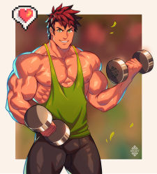 Rule 34 | 1boy, alex (stardew valley), artist name, bara, bare arms, bare pectorals, bare shoulders, biceps, black pants, brown hair, dumbbell, exercising, green eyes, green tank top, heart, large pectorals, looking at viewer, male focus, muscular, muscular male, nipples, pants, pectorals, short hair, skin tight, smile, solo, stardew valley, tank top, teeth, thick thighs, thighs, tight clothes, tight pants, weightlifting, xelgot