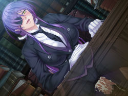 Rule 34 | 1boy, 1girl, black lilith, blush, book, breasts, butler, censored, chair, clothed sex, cum, cum in pussy, covered erect nipples, eyepatch, formal, game cg, gloves, hetero, kagami hirotaka, large breasts, long hair, necktie, onmyou kishi towako, open mouth, penis, purple hair, sex, shiki reika, sitting, sitting on person, suit, sweat, table, vaginal, yellow eyes