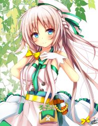 Rule 34 | 1girl, belt, blue eyes, blush, bow, braid, closed mouth, cowboy shot, cresson (flower knight girl), dress, flower knight girl, gloves, green necktie, hair bow, hand on own hip, hat, leaf, long hair, looking at viewer, necktie, signature, smile, solo, strapless, strapless dress, suzume (simple0091), white background, white dress, white gloves, white hair, white hat, yellow bow
