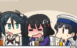 Rule 34 | 3girls, = =, alcohol, blue sailor collar, blush, brown eyes, brown hair, brown neckerchief, check commentary, commentary request, cup, dated, detached sleeves, drink, drinking glass, drinking straw, drunk, gloves, green eyes, green hair, haguro (kancolle), hair ornament, hamu koutarou, hat, hiburi (kancolle), highres, ice, isuzu (kancolle), jacket, juliet sleeves, kantai collection, long hair, long sleeves, multiple girls, neckerchief, open mouth, partial commentary, puffy sleeves, purple jacket, sailor collar, sailor hat, school uniform, serafuku, short hair, tears, twintails, white gloves, white hat, white sailor collar