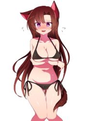 Rule 34 | 1girl, alternate costume, animal ears, bad id, bad twitter id, bare arms, bare shoulders, bikini, black bikini, blush, breast hold, breasts, brown hair, cleavage, collarbone, cowboy shot, fang, flying sweatdrops, gluteal fold, groin, imaizumi kagerou, knees together feet apart, large breasts, long hair, looking at viewer, navel, nose blush, parted lips, pink eyes, side-tie bikini bottom, smile, solo, stomach, sweat, swimsuit, tail, touhou, underboob, very long hair, white background, wolf ears, wolf girl, wolf tail, you (noanoamoemoe)