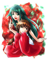 Rule 34 | 2girls, bare arms, brown hair, covering own mouth, crossover, eyebrows, futaba channel, green hair, guro cure, hair between eyes, head tilt, index finger raised, kurame, kusari hime: euthanasia, long sleeves, looking at viewer, multiple girls, open mouth, red eyes, saya (saya no uta), saya no uta, short hair, sidelocks, sleeves past wrists, smirk