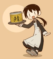 Rule 34 | 1girl, :d, apron, black dress, black footwear, black hair, brown background, can, canned fish, canned food, collared dress, commentary request, dress, full body, furigana, highres, holding, holding tray, long dress, long hair, long sleeves, mackerel (fish), open mouth, original, shoe soles, shoes, short hair with long locks, smile, solo, takurada, translation request, tray, twintails, v-shaped eyebrows, white apron, | |