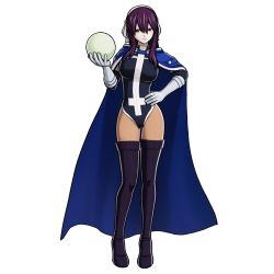 Rule 34 | 1girl, 3d, boots, breasts, cape, crystal ball, fairy tail, female focus, highres, large breasts, leotard, official art, purple hair, red eyes, solo, thigh boots, thighhighs, ultear milkovich
