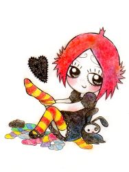 Rule 34 | 1boy, 1girl, ahoge, ass, black dress, blush, child, dress, goth fashion, highres, lace, looking at viewer, mary janes, mr.buns, naughty face, red hair, ruby gloom, ruby gloom (character), sexually suggestive, shoes, socks, striped clothes, striped thighhighs, thighhighs, upskirt, yuki touko