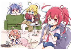 Rule 34 | 4girls, ahoge, aqua eyes, barefoot, blonde hair, blue hair, blue one-piece swimsuit, blue sailor collar, blush, book, cellphone, closed mouth, collarbone, commission, couch, cup, glasses, green tea, hair between eyes, hair ornament, hat, heart, holding, holding book, holding phone, i-168 (kancolle), i-19 (kancolle), i-58 (kancolle), i-8 (kancolle), kantai collection, long hair, lying, miko (35nikomi), motion lines, multiple girls, neckerchief, on stomach, one-piece swimsuit, open book, open mouth, peaked cap, phone, pink hair, ponytail, reading, red-framed eyewear, red eyes, red hair, sailor collar, school swimsuit, school uniform, semi-rimless eyewear, serafuku, short hair, short sleeves, sidelocks, sitting, skeb commission, smartphone, smile, swimsuit, swimsuit under clothes, tea, the pose, thighhighs, tri tails, twitter username, white headwear, white thighhighs