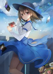Rule 34 | 1girl, black hat, black pantyhose, blouse, blue bow, blue sailor collar, blue skirt, blue sky, blush, bow, brown eyes, brown hair, circle skirt, day, feet out of frame, from side, hair between eyes, hand up, hat, hat bow, holding, holding photo, juliet sleeves, long sleeves, looking at viewer, natsuki (ukiwakudasai), outdoors, pantyhose, photo (object), puffy sleeves, sailor collar, shirt, short hair, skirt, sky, smile, solo, thighs, touhou, usami renko, white shirt