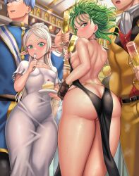 Rule 34 | 2girls, absurdres, ass, ass focus, black dress, blush, breasts, butt crack, commentary, covered navel, crossover, curly hair, dress, earrings, eating, elf, english commentary, frieren, green eyes, green hair, hair slicked back, highres, himmel (sousou no frieren), impossible clothes, impossible dress, jewelry, long hair, looking back, multiple girls, official alternate costume, official alternate hairstyle, one-punch man, parted bangs, pointy ears, ponytail, rkrk12, saitama (one-punch man), short hair, skin tight, small breasts, sousou no frieren, tatsumaki, white hair