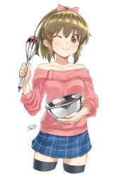 Rule 34 | 1girl, bare shoulders, blush, bow, bowl, brown eyes, brown hair, chocolate, collarbone, commentary, cowboy shot, cropped legs, food, hair bow, high ponytail, holding, holding bowl, hori yuko, idolmaster, idolmaster cinderella girls, ladle, long hair, long sleeves, looking at viewer, off-shoulder sweater, off shoulder, one eye closed, pink bow, pink sweater, plaid, plaid skirt, pleated skirt, ponytail, signature, simple background, skirt, smile, solo, sweater, thighhighs, tyuga, whisk, white background, zettai ryouiki