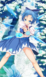 Rule 34 | 1girl, blue bow, blue dress, blue eyes, blue hair, blush, bow, cirno, dress, flying, foreshortening, grin, hair bow, hair slicked back, himura 1129, ice, ice wings, incoming attack, kedama (touhou), looking at viewer, puffy short sleeves, puffy sleeves, river, short hair, short sleeves, smile, snow, touhou, tree, wings