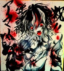 Rule 34 | 1girl, black hair, blood, blood splatter, bow, crazy eyes, dress, highres, horns, impossible spell card, kijin seija, marker (medium), middle finger, multicolored hair, open mouth, photo (medium), red eyes, red hair, savatario, shikishi, short hair, short sleeves, solo, spot color, streaked hair, tongue, tongue out, touhou, traditional media, white hair