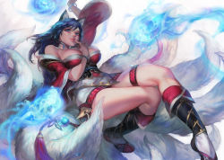Rule 34 | 1girl, ahri (league of legends), animal ears, aoin, bare shoulders, black hair, blue eyes, bracelet, breasts, facial mark, finger to mouth, fox ears, fox tail, highres, jewelry, korean clothes, large breasts, league of legends, legs, multiple tails, solo, tail, thighs