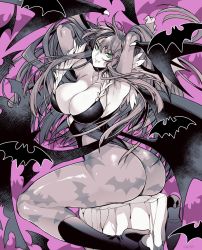 Rule 34 | 1girl, animal print, ass, bat (animal), bat background, bat print, bat wings, boots, breasts, capcom, cleavage, clothing cutout, commentary, demon girl, fang, head wings, heart cutout, high heel boots, high heels, highres, large breasts, leotard, long hair, looking at viewer, looking back, low wings, monochrome, morrigan aensland, pantyhose, print pantyhose, sitting, solo, takatsuki ichi, vampire (game), wings
