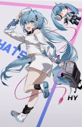 Rule 34 | 1girl, :&lt;, ahoge, arm up, audio jack, bad id, bad twitter id, bag, bare shoulders, black footwear, black skirt, black socks, blue eyes, blue hair, blue necktie, blush, blush stickers, buttons, character name, closed mouth, detached sleeves, eyes visible through hair, gradient background, grey bag, hair between eyes, hair ornament, hatsune miku, headphones, headphones around neck, highres, holding, holding bag, hy (hem oo), long hair, necktie, off shoulder, open mouth, signature, skirt, socks, solo, striped, striped necktie, stuffed toy, twintails, vocaloid, white footwear