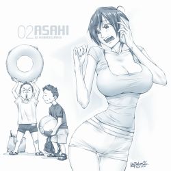 Rule 34 | 1girl, 2boys, aizawa asahi (unbalance), ball, beachball, blue theme, blush, bra strap, breasts, cellphone, collarbone, contrapposto, cowboy shot, dated, gluteal fold, highres, inflatable toy, innertube, large breasts, looking at another, looking back, midriff peek, monochrome, multiple boys, narrow waist, open mouth, original, phone, shirt, short hair, short shorts, shorts, signature, simple background, smartphone, square neckline, swim ring, t-shirt, talking on phone, taut clothes, taut shirt, thigh gap, tight clothes, tight shirt, unbalance