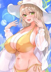 Rule 34 | 1girl, absurdres, bikini, bikini under clothes, blue archive, blue sky, blush, breasts, cleavage, front-tie bikini top, front-tie top, green eyes, hair between eyes, halo, hands up, hat, highres, huge breasts, innertube, large breasts, light brown hair, long hair, looking at viewer, muteppona hito, navel, nonomi (blue archive), nonomi (swimsuit) (blue archive), open mouth, see-through, see-through shirt, side-tie bikini bottom, sky, smile, solo, swim ring, swimsuit, upper body, white hat, yellow bikini