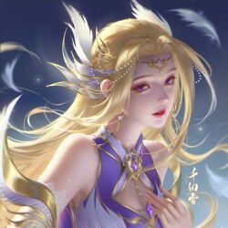 Rule 34 | 1girl, absurdres, bare shoulders, beads, blonde hair, blue eyes, detached sleeves, douluo dalu, earrings, er keke er, hair beads, hair ornament, hand on own chest, highres, jewelry, long hair, parted lips, qian renxue (douluo dalu), second-party source, solo, sparkle, two-tone dress, upper body