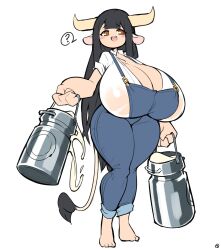Rule 34 | 1girl, ?, animal ears, barefoot, black hair, blue overalls, breasts, brown eyes, cleavage, cow ears, cow girl, cow horns, denim, female focus, full body, highres, holding, holding pitcher, horns, huge breasts, long hair, looking at viewer, milk, original, overalls, oversized forearms, oversized limbs, pitcher (container), see-through, shirt, smile, solo, tanya (thehelmet guy), thehelmet guy, white background, white shirt