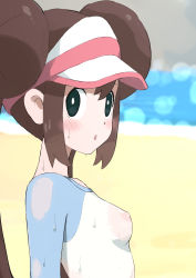 Rule 34 | 1girl, :o, absurdres, blue eyes, blush, breasts, brown hair, covered erect nipples, creatures (company), double bun, from side, game freak, hair bun, highres, looking at viewer, low twintails, meronshiroppu, nintendo, nipples, no bra, pale skin, pokemon, pokemon bw2, rosa (pokemon), see-through, shirt, small breasts, solo, sweat, twintails, upper body, visor cap