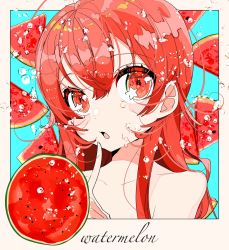 Rule 34 | 1girl, bare shoulders, blue background, blush, bubble, close-up, collarbone, english text, finger to mouth, food, fruit, fruit eyes, hair between eyes, highres, long hair, open mouth, original, ouchi kaeru, red eyes, red hair, solo, star (symbol), star in eye, sweat, symbol in eye, upper body, watermelon