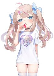 Rule 34 | 1girl, black choker, black panties, blue bow, bow, breasts, brown hair, candy, choker, commentary request, food, hair bow, heart, heart-shaped lollipop, highres, holding, holding candy, holding food, holding lollipop, kokone (coconeeeco), lollipop, long hair, multicolored hair, no pants, original, panties, print shirt, purple hair, shaped lollipop, shirt, short sleeves, side-tie panties, simple background, small breasts, solo, standing, streaked hair, thighhighs, twintails, underwear, very long hair, white background, white shirt, white thighhighs