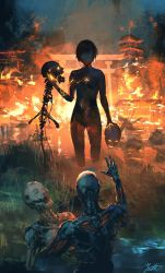 Rule 34 | 1girl, android, backlighting, building, fire, glowing, grass, highres, holding, holding skull, mechanical parts, original, outdoors, pagoda, reflection, robot, science fiction, short hair, skeleton, skull, spine, torii, wading, water, wetland, yuta kawakami